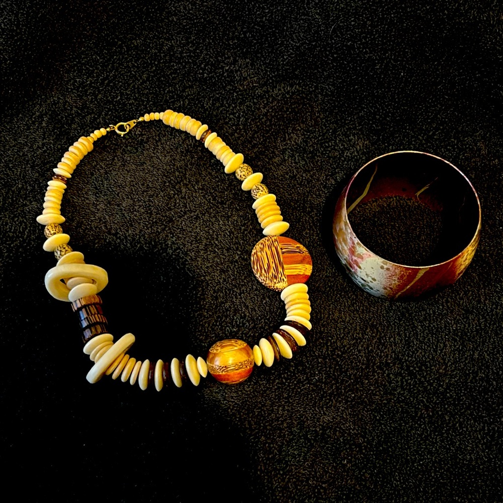 Ladies beaded bohemian necklace and wide thick copper bracelet set